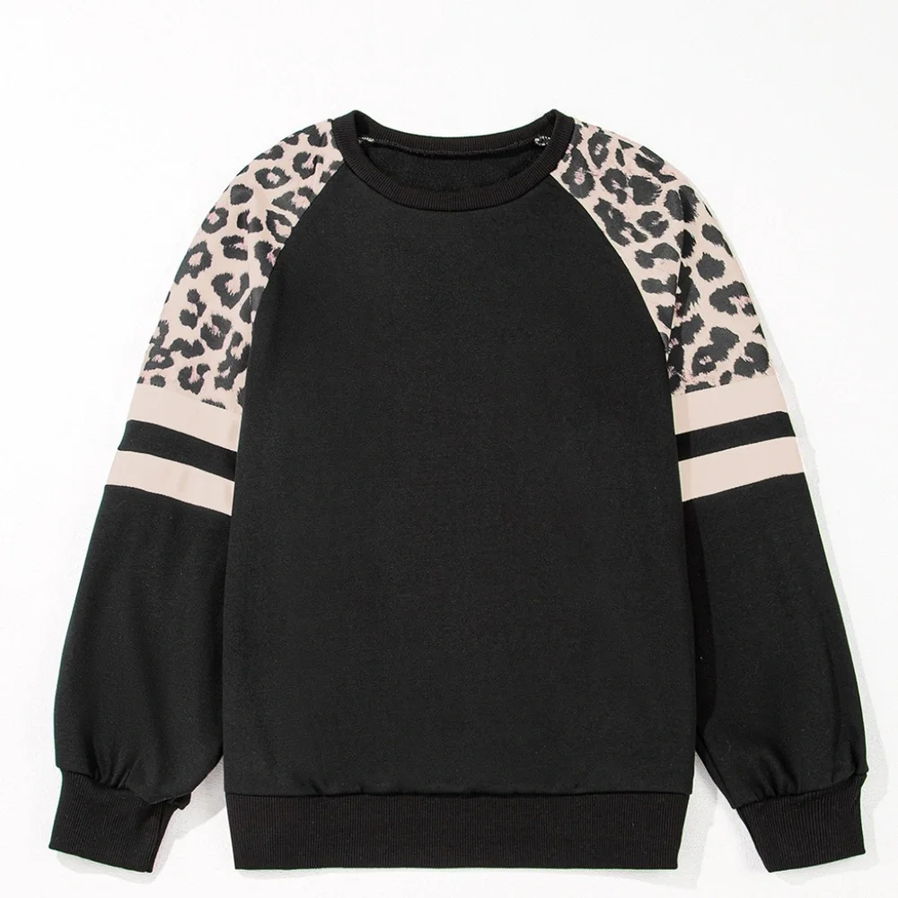 1 MEDIUM LEFT!!! Black Leopard Print Colorblock Raglan Sleeve Sweatshirt - Picture 7 of 14